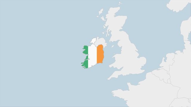Ireland map highlighted in Ireland flag colors and pin of country capital Dublin.