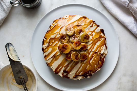 Directly above view of banana cake with cream cheese icing