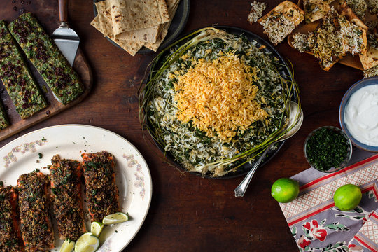 View of Persian, kuku, herbed rice and tamarind Fish