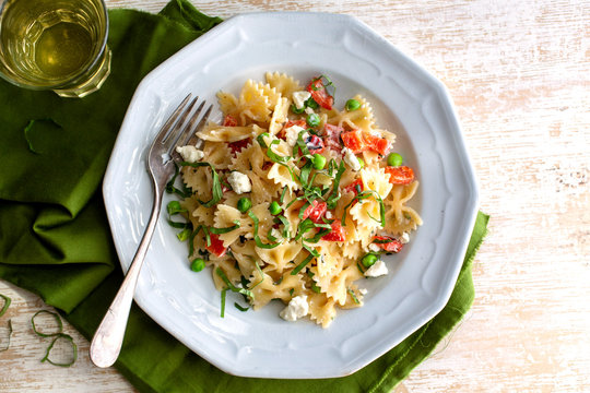Directly above view of farfalle pasta served in plate