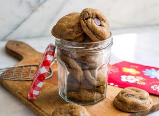 Close up view of chocolate chip in jar