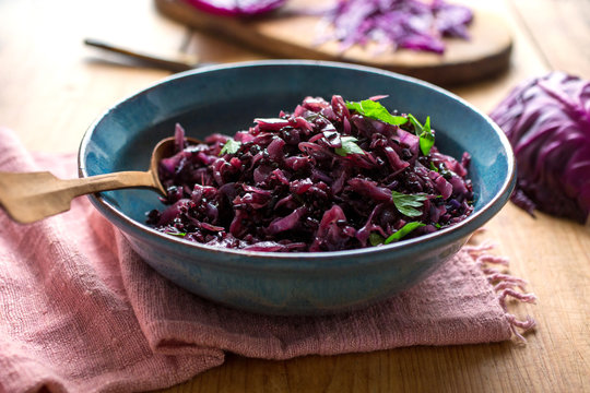 Selective focus of black rice with cabbage served in bowl