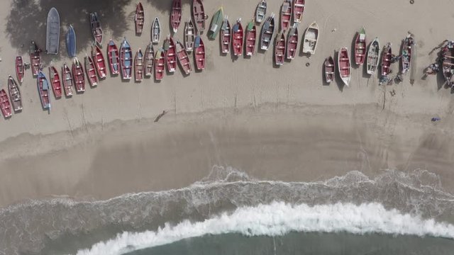 Ungraded Aerial view of fishing boats in Tarrafal beach in Santiago island in Cape Verde - Cabo Verde