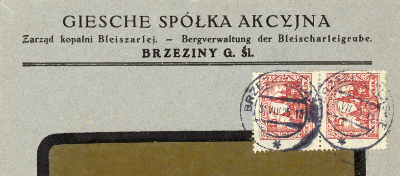 Post letter mail Brief Briefmarke stamp vintage retro 1925 alt old gestempelt used frankiert rot red Umschlag envelope Polen Poland Polska Schloss Castle Bergverwaltung Bleischarleigrube old alt