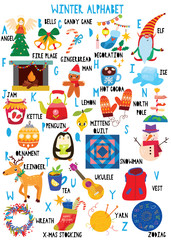 Fototapeta premium Stylish winter alphabet in vector. Lovely animals and items. Best abc-poster in a colorful style for children education and language study.