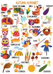 Stylish autumn alphabet in vector. Lovely animals and items. Best abc-poster in a colorful style for children education and language study.