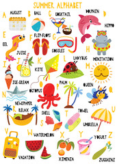 Stylish summer alphabet in vector. Lovely animals and items. Best abc-poster in a colorful style for children education and language study.