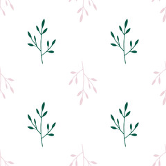 Twigs with leaves seamless vector floral pattern on white background.