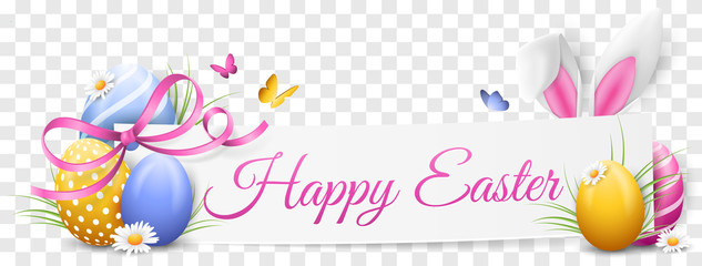 Happy easter paper banner with easter eggs, easter bunny ears and flowers transparent background isolated