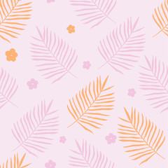 Vector seamless pattern of hand drawn palm leaves and frangipani flowers in pastel shades of pink and orange colors.