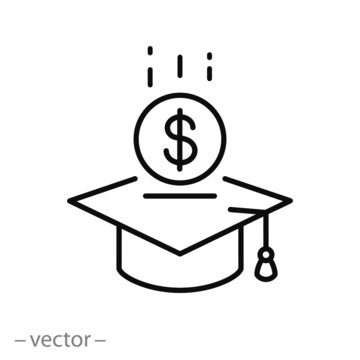 Tuition fee or scholarship icon, loan on education, value academy grad, money with graduate hat, thin line web symbol on white background - editable stroke vector illustration eps10