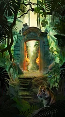 Fototapete Beautiful dreamy tropical landscape with ancient gate, jungle with tiger, snake and monkeys © Kanea
