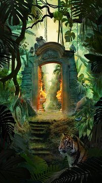 Beautiful dreamy tropical landscape with ancient gate, jungle with tiger, snake and monkeys