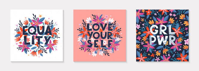 Set of girly vector illustrations; stylish print for t shirts; posters; cards and prints with flowers and floral elements.Feminism quotes and woman motivational slogans.Women's movement concepts. - obrazy, fototapety, plakaty