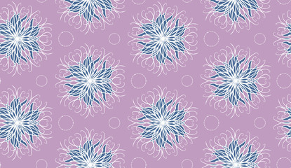 Decorative flower shaped mandalas on a pastel violet background seamless vector pattern. Ornamental surface print design.