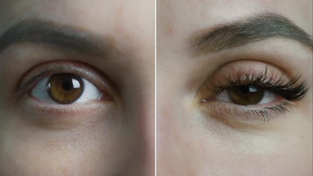 Eyelash Extension. Comparison of female eyes before and after. split screen video. 4k.