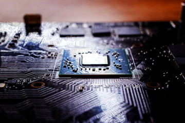 Processors aligned with green lighting effects postproduction, background.