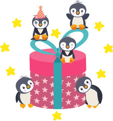 Group of penguins friends with big round gift
