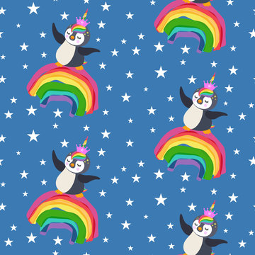 Seamless pattern with unicorn penguin in top of rainbow