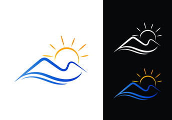 Mountains and sun vector logo. Elevation, landscape.