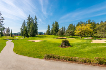 Golf course with gorgeous green and pond.