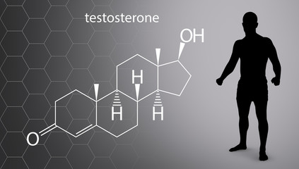 Black silhouette of sportsman near chemical formula of testosterone.