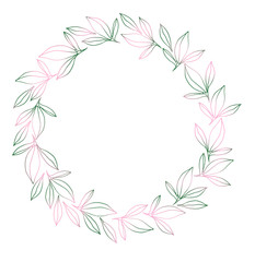 Green-pink leaves wreath. Natural illustration. Template for your photo, congratulations, invitations.