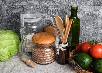 Eco-friendly kitchen set. Zero waste concept. Waste-free domestic life. Plastic free. Bio product. 