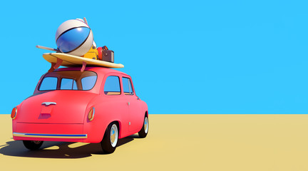 Small retro car with baggage, luggage and beach equipment on the roof, fully packed, ready for summer vacation, cartoon concept of a road trip, blue background and bright red car