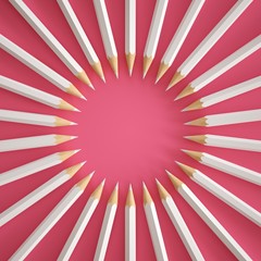 Artistic composition of white pencils on a pink background.