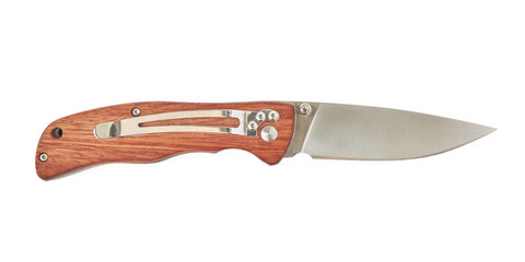 Every day carry folding knife with blade out and wooden handle, isolated on white background.
