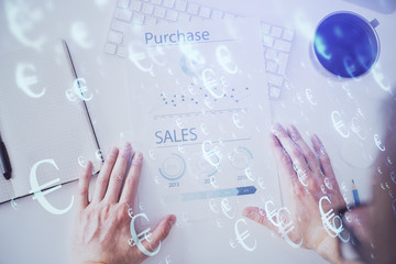 FOREX chart multi exposure with work table background.