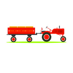 Flat tractor on white background pulling a trailer. Red vintage tractor icon. Agricultural equipment.