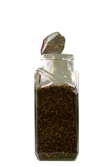 Open glass jar with instant coffee