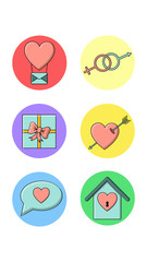 Fototapeta premium A set of six round icons for the actual with love holiday items, heart, gift letter, balloon house and gender symbols on a white background. Vector illustration