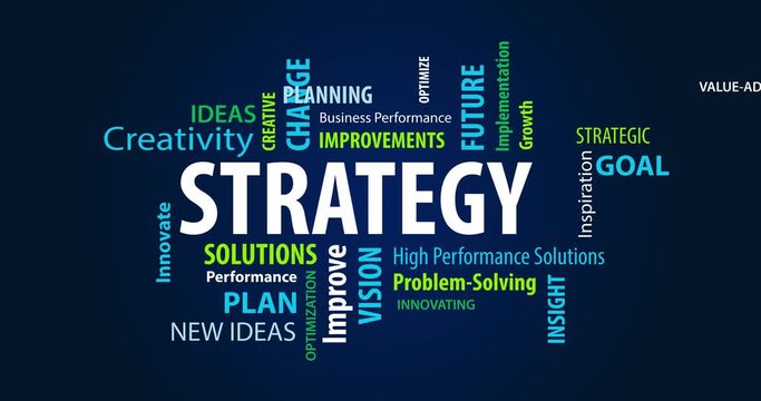 Animated Strategy Word Cloud on a Blue Background