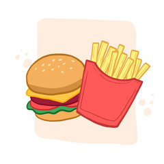 Hamburger and french fries. fast food illustration. Vector color sketch of fast food.