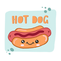 Hot Dog. Vector color illustration in cartoon style. Drawing of a cute character.