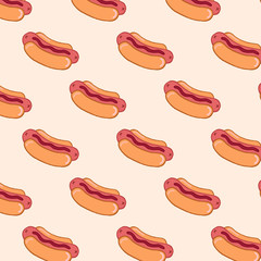 Hot dog pattern. Vector ornament with hot dogs. Color illustration in cartoon style.