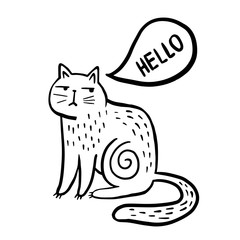 Cat. Vector linear illustration of a cat in doodle style. Cat with a thought bubble. Animal print. Freehand drawing