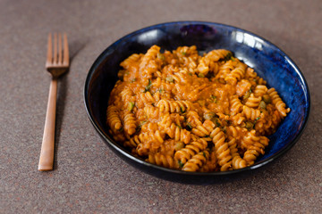 healthy plant-based food, lentil and tomato sauce pasta