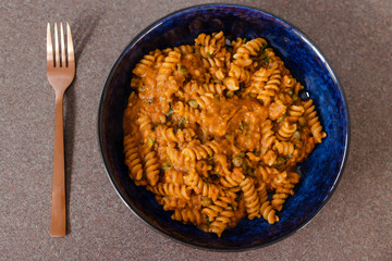 healthy plant-based food, lentil and tomato sauce pasta