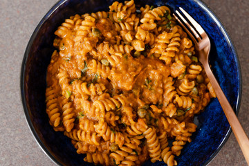 healthy plant-based food, lentil and tomato sauce pasta