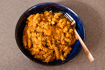 healthy plant-based food, lentil and tomato sauce pasta