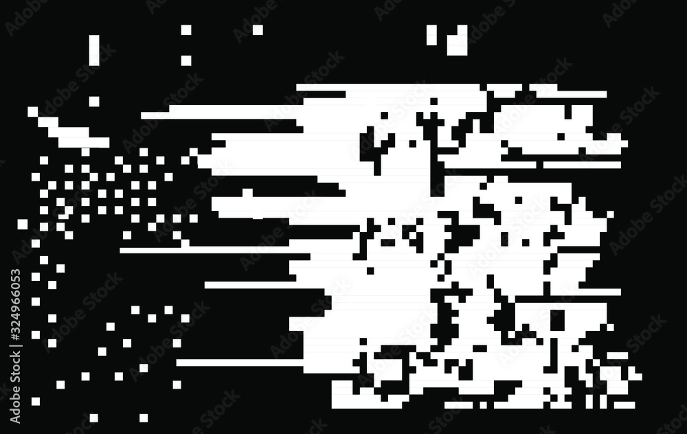 Poster Set of white noise textures, glitch pattern. Collection of 1-bit pixel art elements for design.