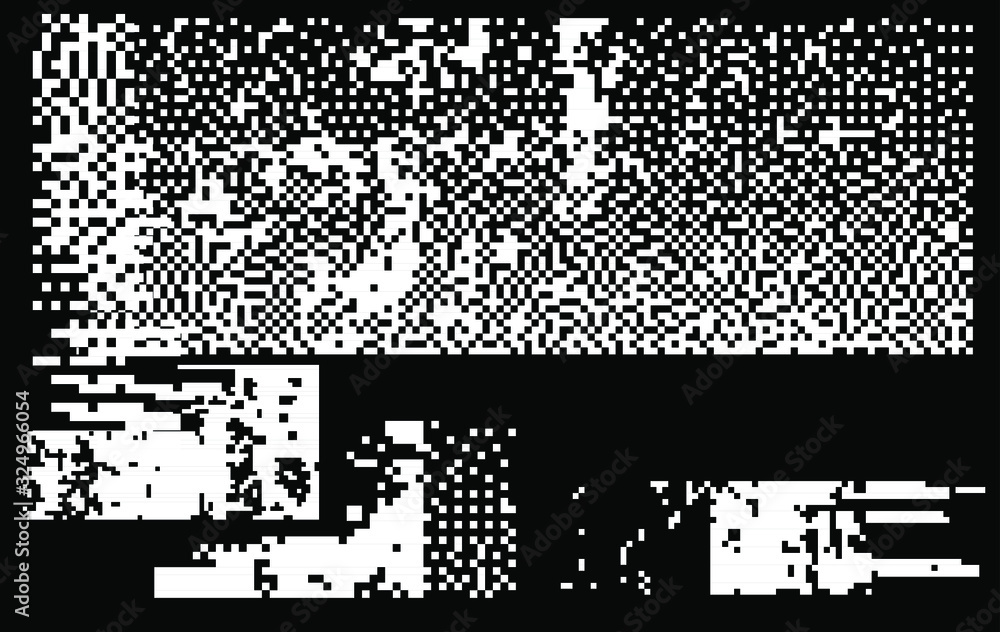 Poster Set of white noise textures, glitch pattern. Collection of 1-bit pixel art elements for design.