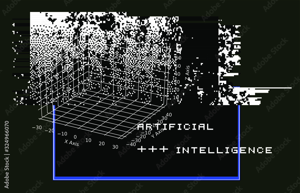 Aufkleber Glitched screen with malware computer program. Pixel art style illustration like in old 1-bit black and white images.