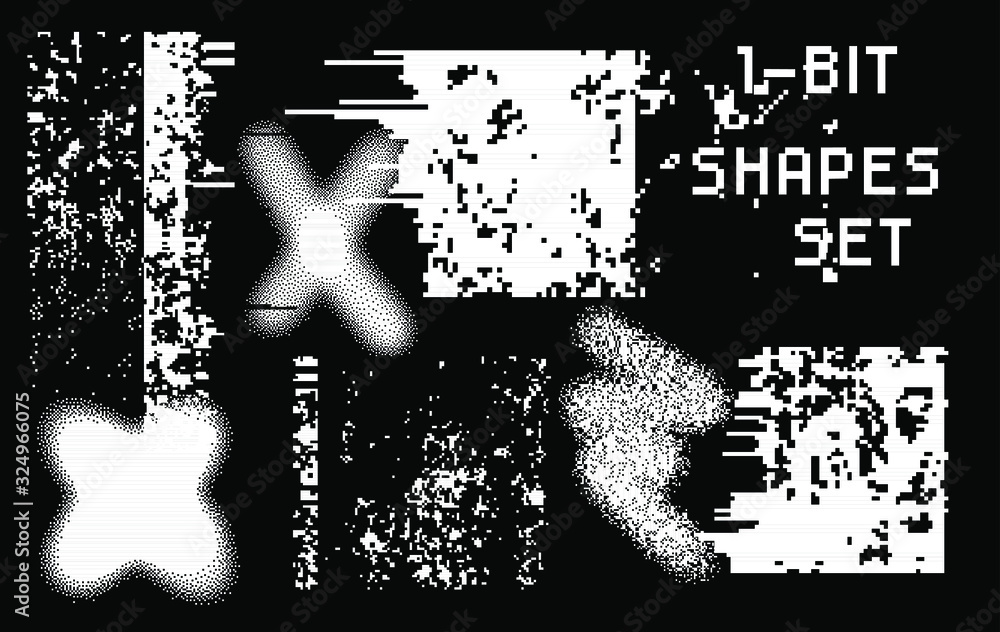 Poster Set of black and white textures and geometric shapes. Collection of 1-bit pixel art elements for design.