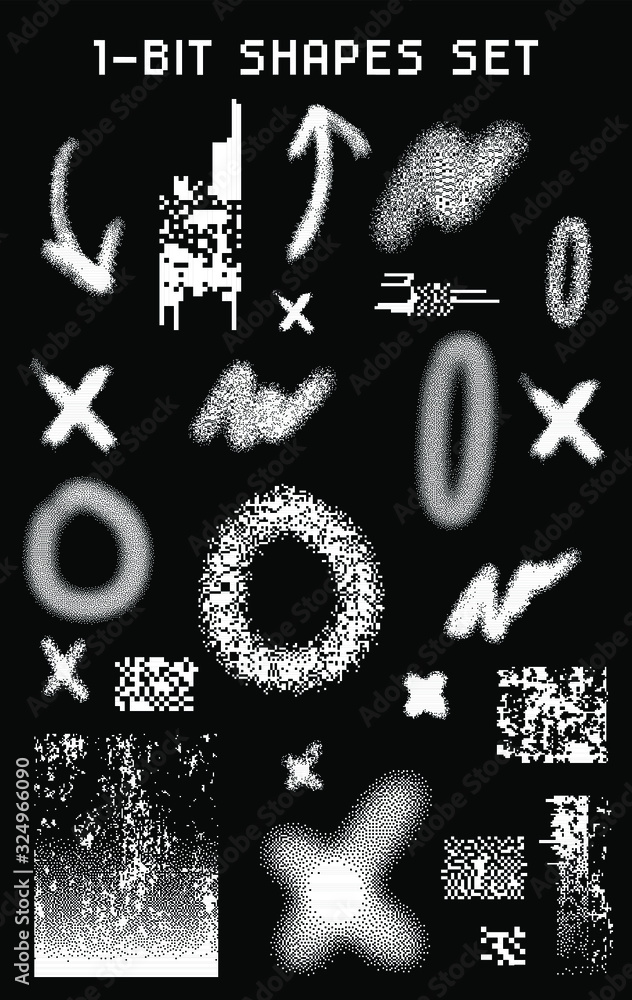 Poster Set of black and white textures and geometric shapes. Collection of 1-bit pixel art elements for design.