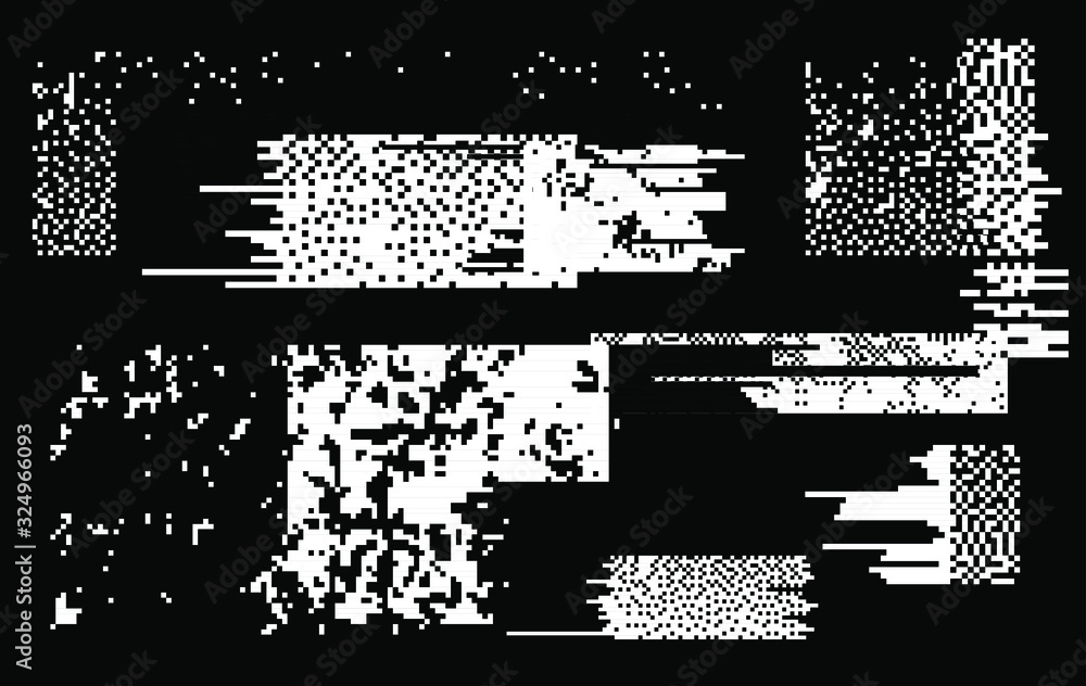 Leinwandbilder set of white noise textures, glitch pattern. collection of 1-bit pixel art elements for design.